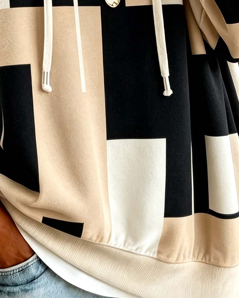 Sweatshirt Geometriskt Print Färgblock Dragsko