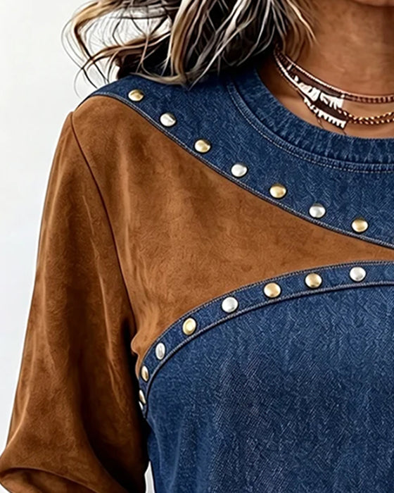 Topp Rund Hals Denim Spliced Färgblock