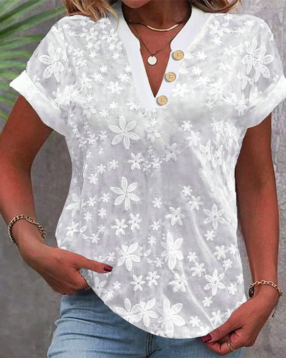 Blus Enkel Casual Enfärgad V-Ringad Kortärmad