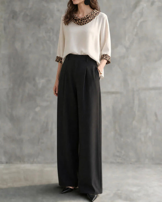 Blus Leopard Panel Cowl Neck Armbågslång Ärm