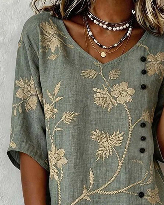Blus Blommig V-ringning Casual