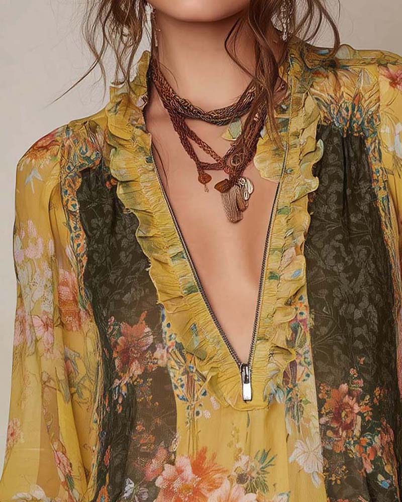 Halvbläster Blomstertryck Blus