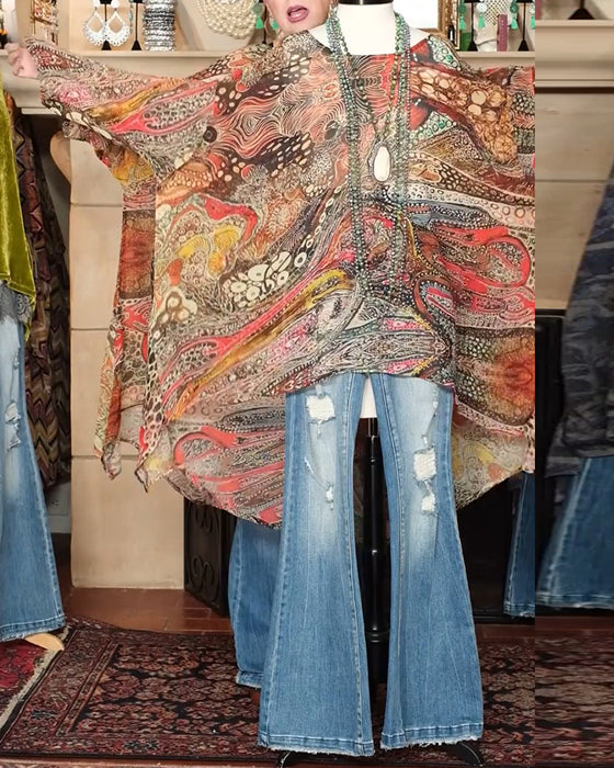 Blus Löst Fladdermusärm Tryck