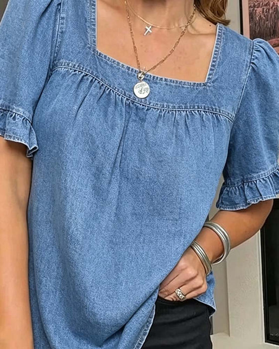 Blus Fyrkantig Hals Rynkad Denim