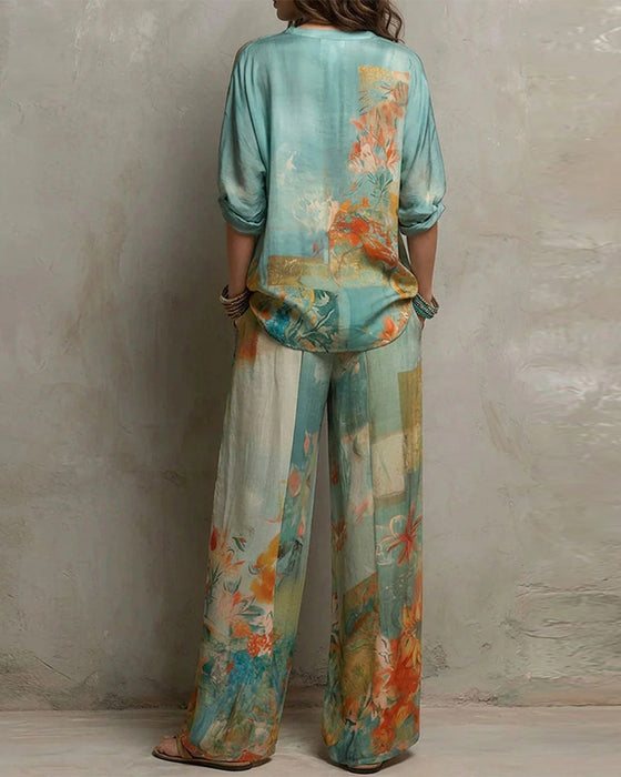 Set V-Hals Blommig Blus + Raka Ben Byxor