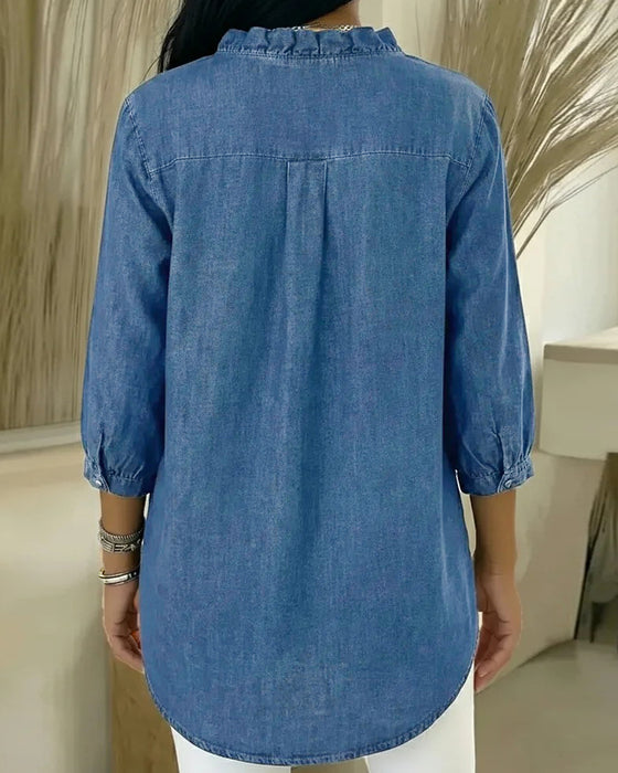 Blus Ruffle V-Ringning Denim