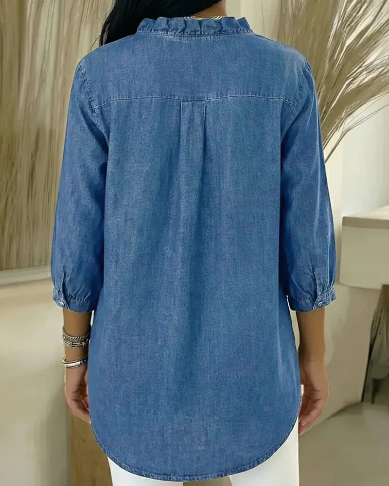 Blus Ruffle V-Ringning Denim