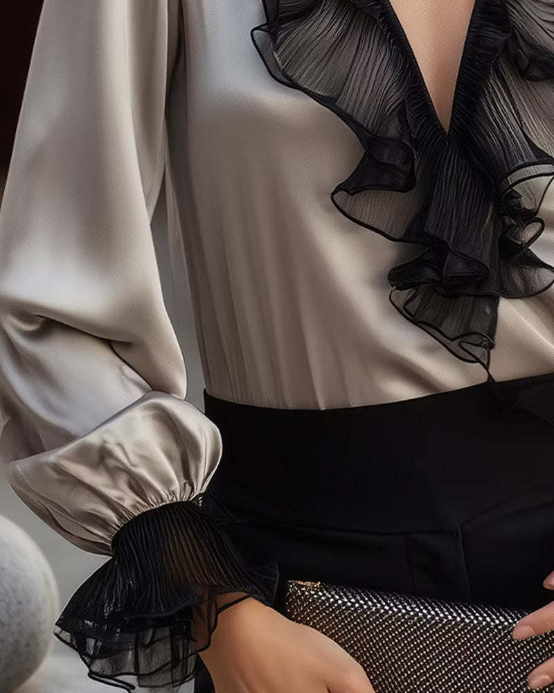 Blus V-Hals Ruffle Casual