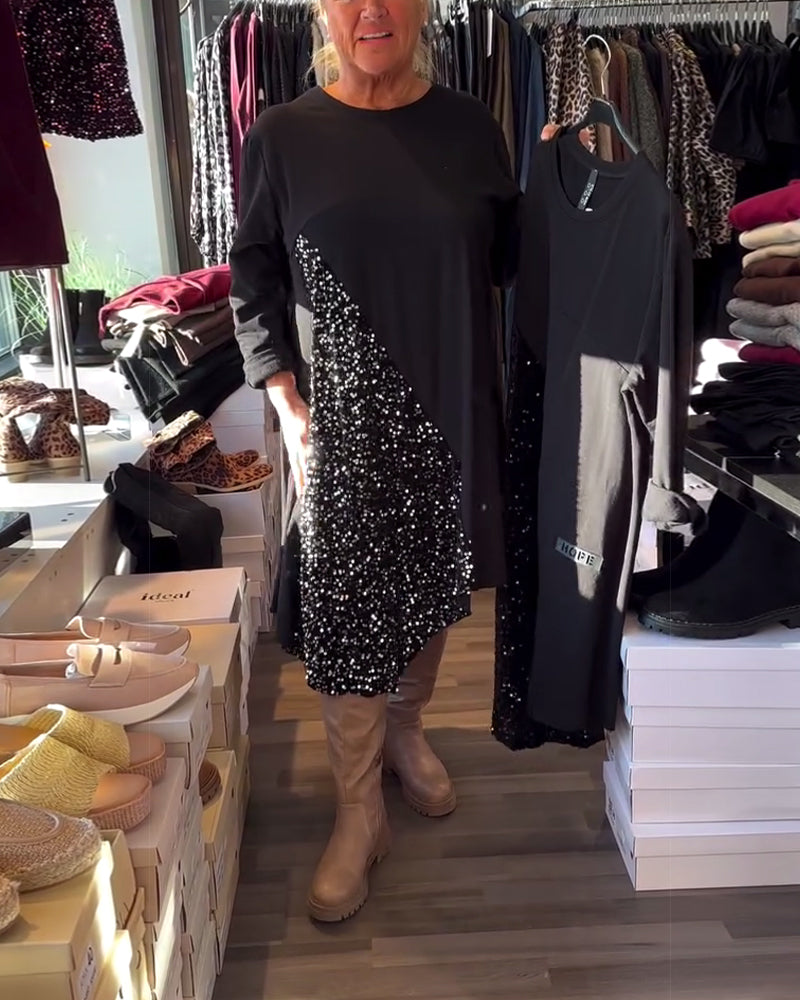 Klänning Glitter Panel Rund Halsringning