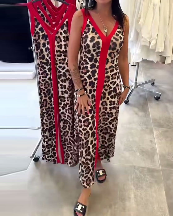 Klänning Ärmlös Elegant Leopardmönster Kontrast