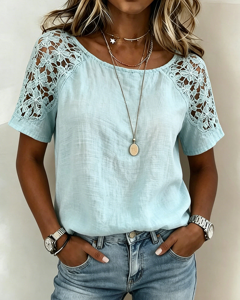 Blus Spets Hollow Out Patchwork Kort Ärm