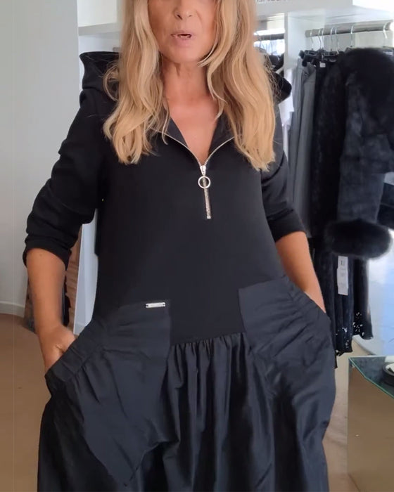 Klänning avslappnad dragkedja med huva och lappficka