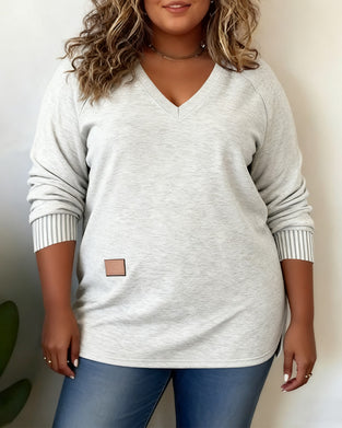 Plussize Topp Med V-Ringning Och Långa Ärmar