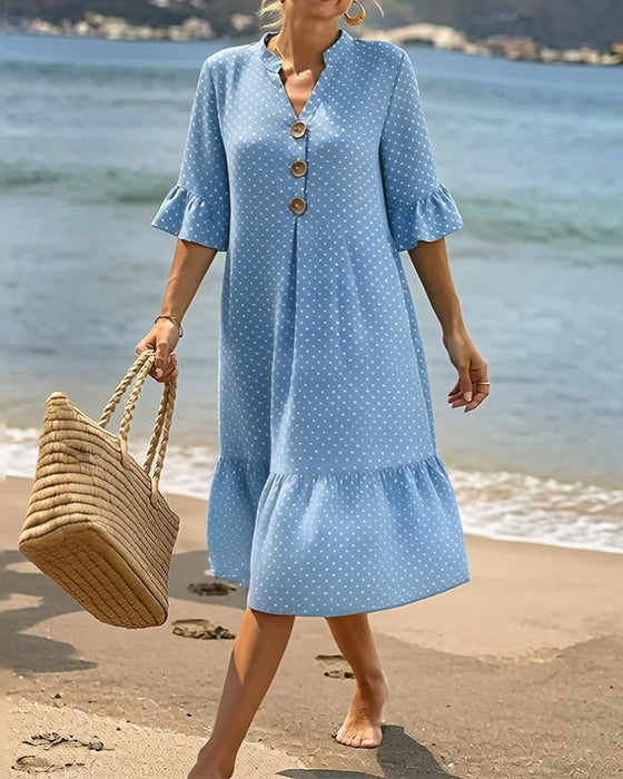 Klänning Polka Dot V-Hals Rynkad Ärm