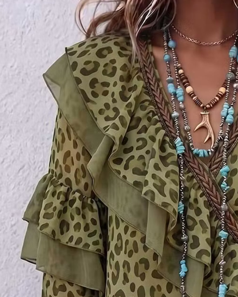 Blus V-Hals Ruffle Leopard