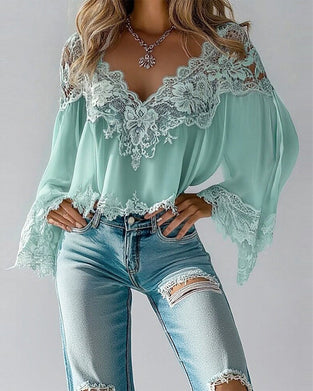 Blus V-Ringning Lapptäcks Lös Långärmad