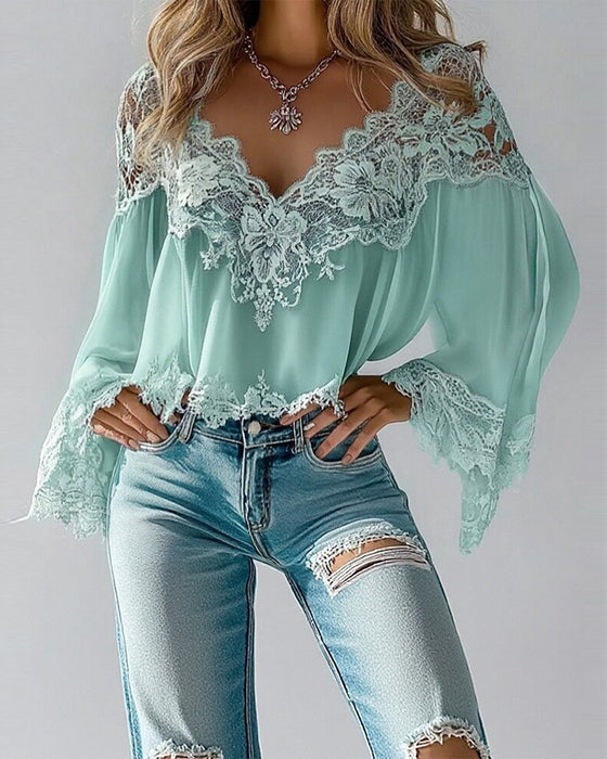 Blus V-Ringning Lapptäcks Lös Långärmad