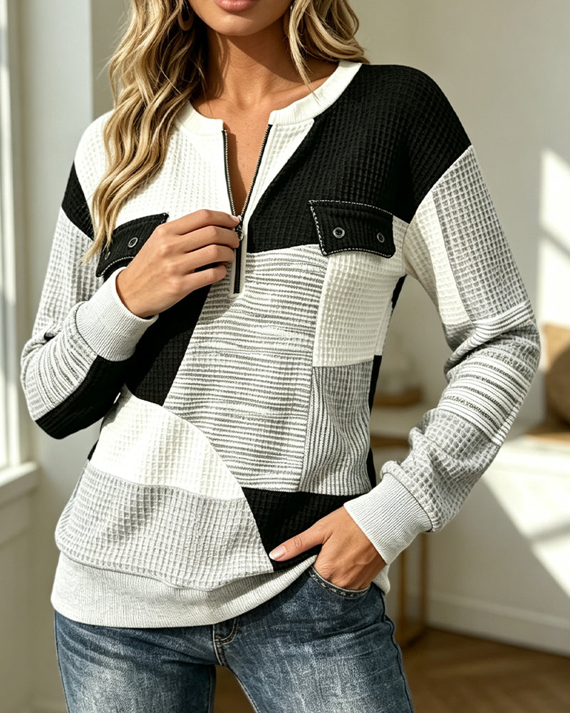 Sweatshirt Våffel Färgblock Dragkedja