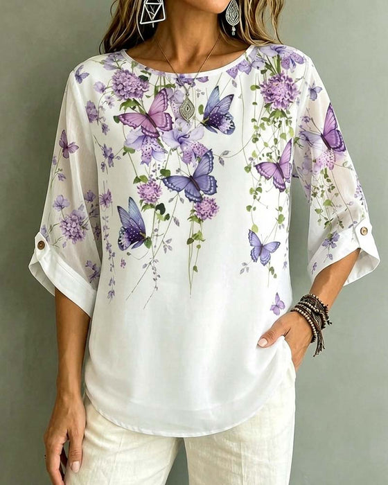 Blus Rundhalsad Fjäril Blommig