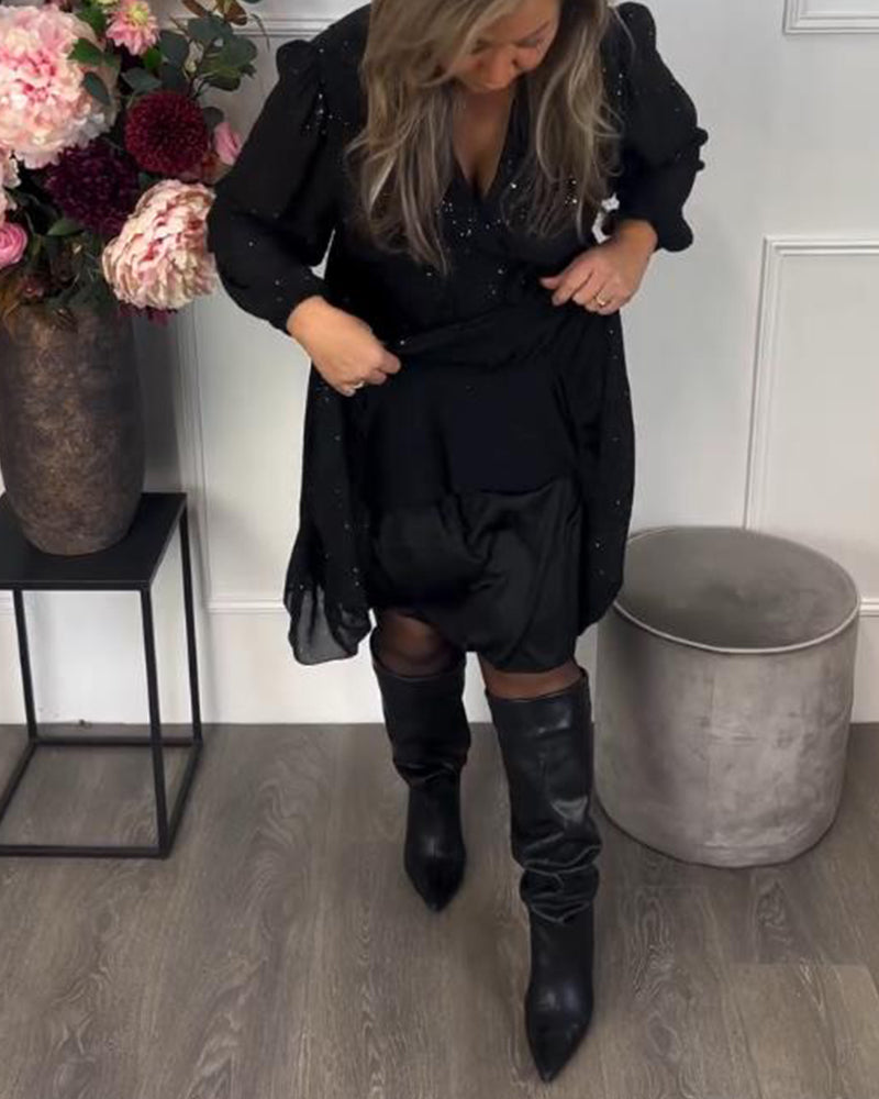 Klänning Med V-Hals Design, Bindning Vid Midja Detalj Och Skimmer Stoff