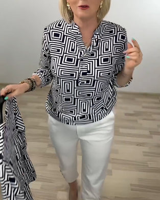 Skjorta Geometrisk Halv-Öppen Krage Tredje-Kvart Ärm