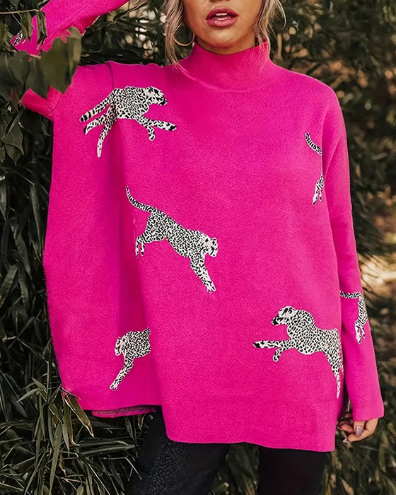 Snygg lös höghalsad tröja med leopardtryck