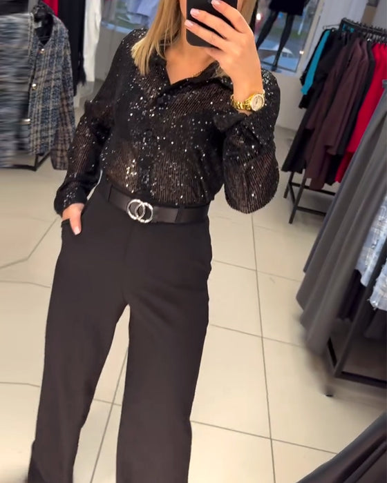 Paillettskjorta Med Knäppning Och Krage