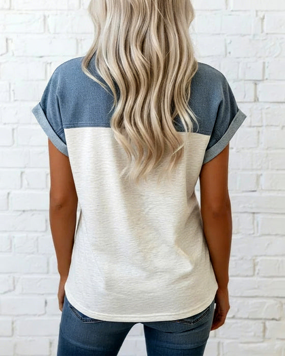 T-Shirt Knäppning Patchwork Nedfällbar Krage