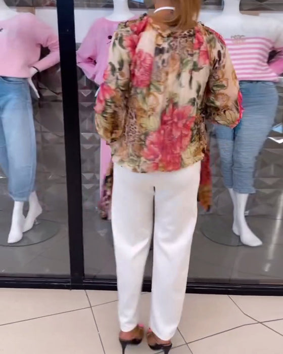 Blus Med V-Ringad Blommönster