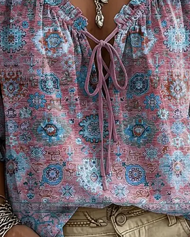 Blus V-Hals Knytning Vintage Tryck