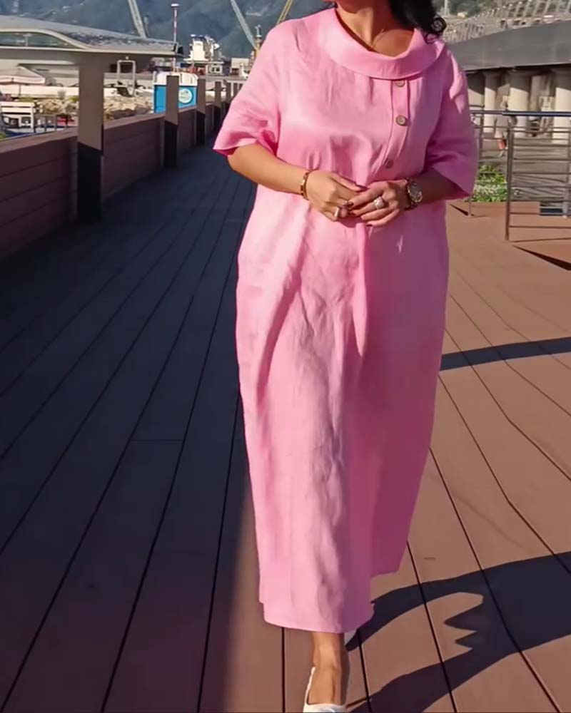 Klänning Krage Knapp Kort Ärm Shift