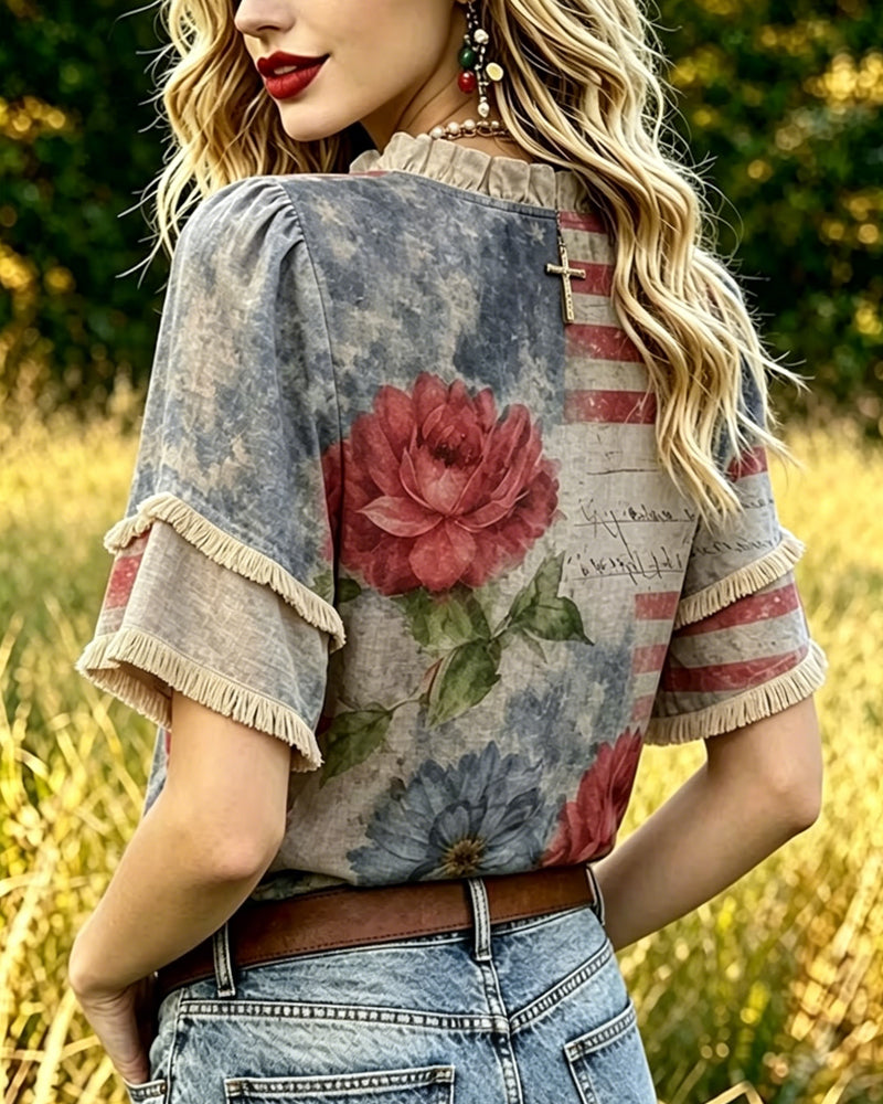 Blommönstrad Blus Med Volang