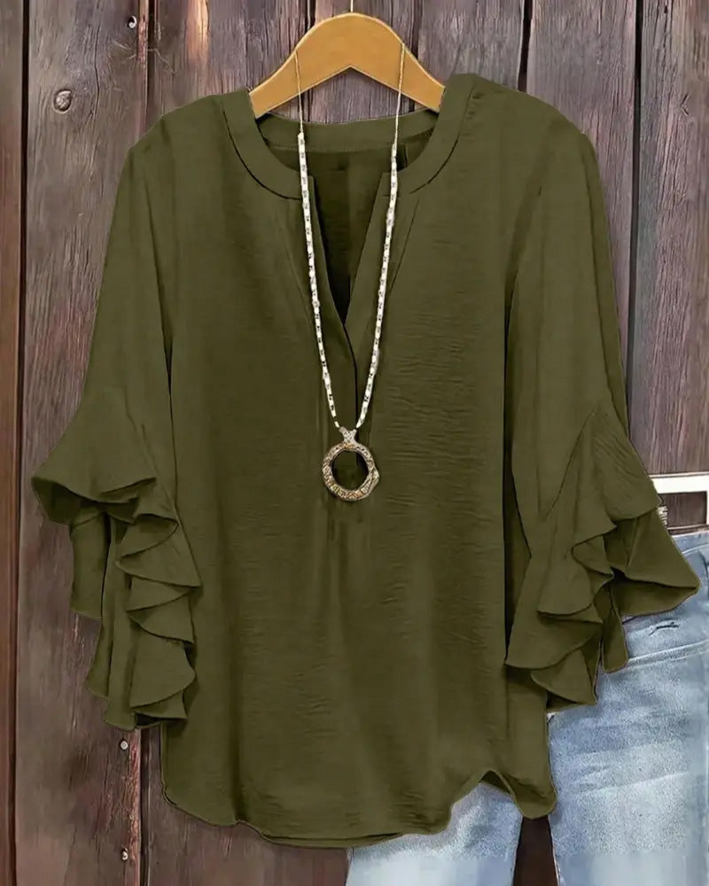 Blus Liten V-Hals Ruffle