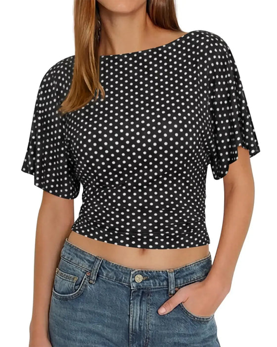 T-Shirt Prickig Midjeknyt Rund Hals Kort Ärm
