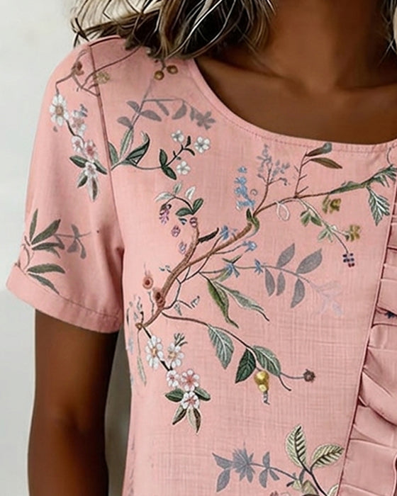 Blus Rundhalsad Kortärmad Rynkad Blommig