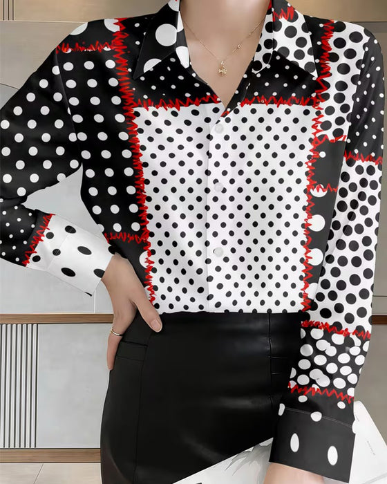 Skjorta Polka Dot Lång Ärm Färgblock