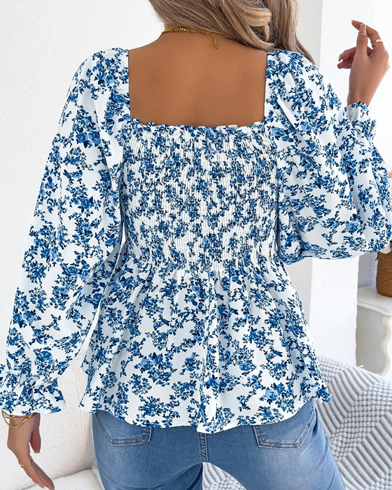 Blus Fyrkantig Hals Rynkad Blommig Ruffle