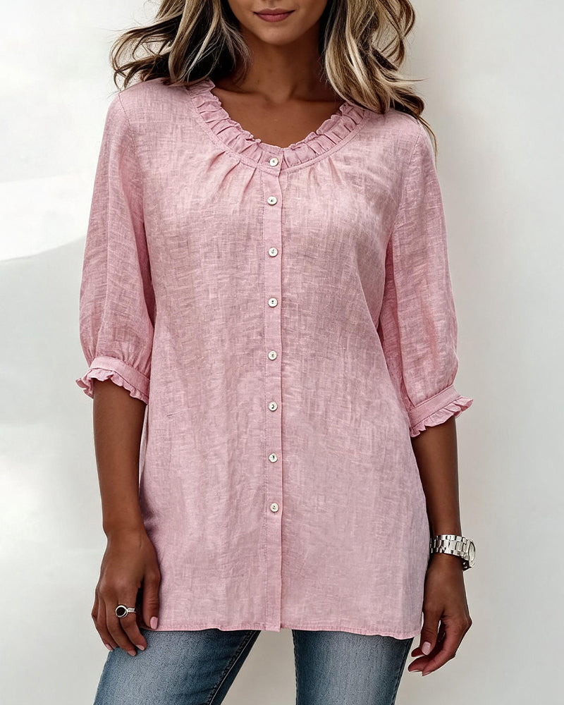 Skjorta Ruffle Trim Knapp