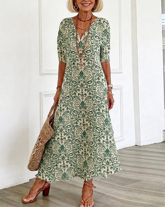 Klänning Vintage Blommönster V-Hals Maxi