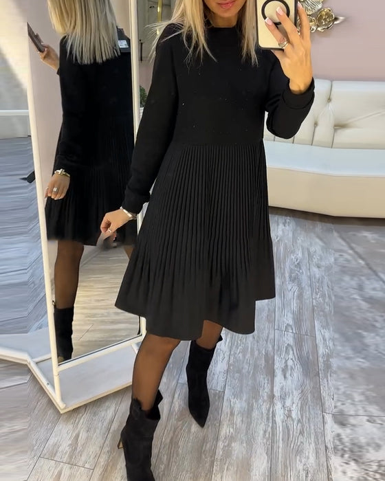 Plisserad Klänning Långärmad Rhinestone