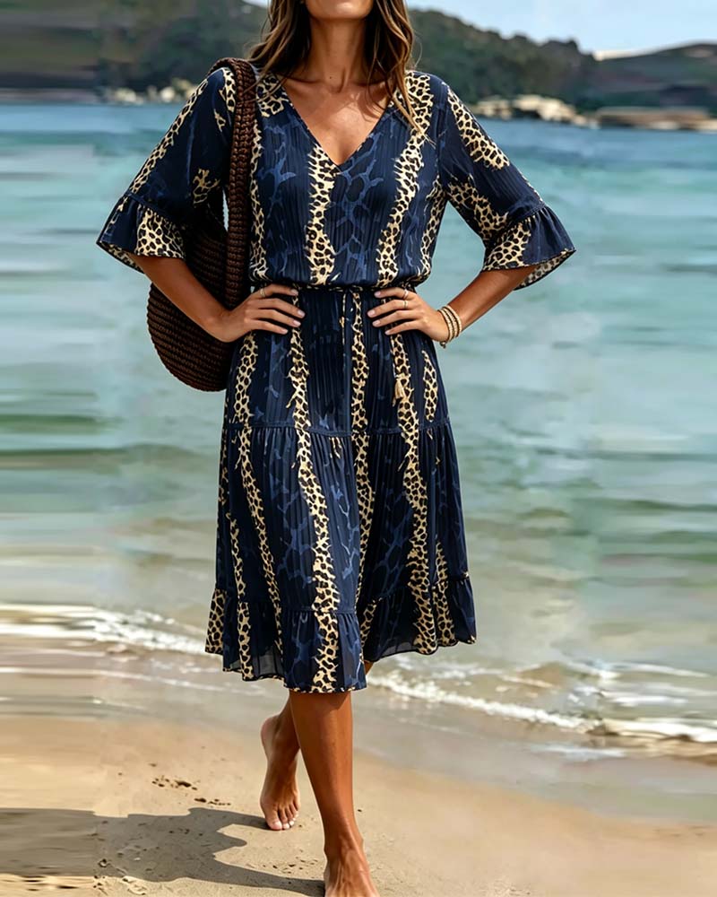 Klänning V-Hals Leopard Patchwork Midi Semester