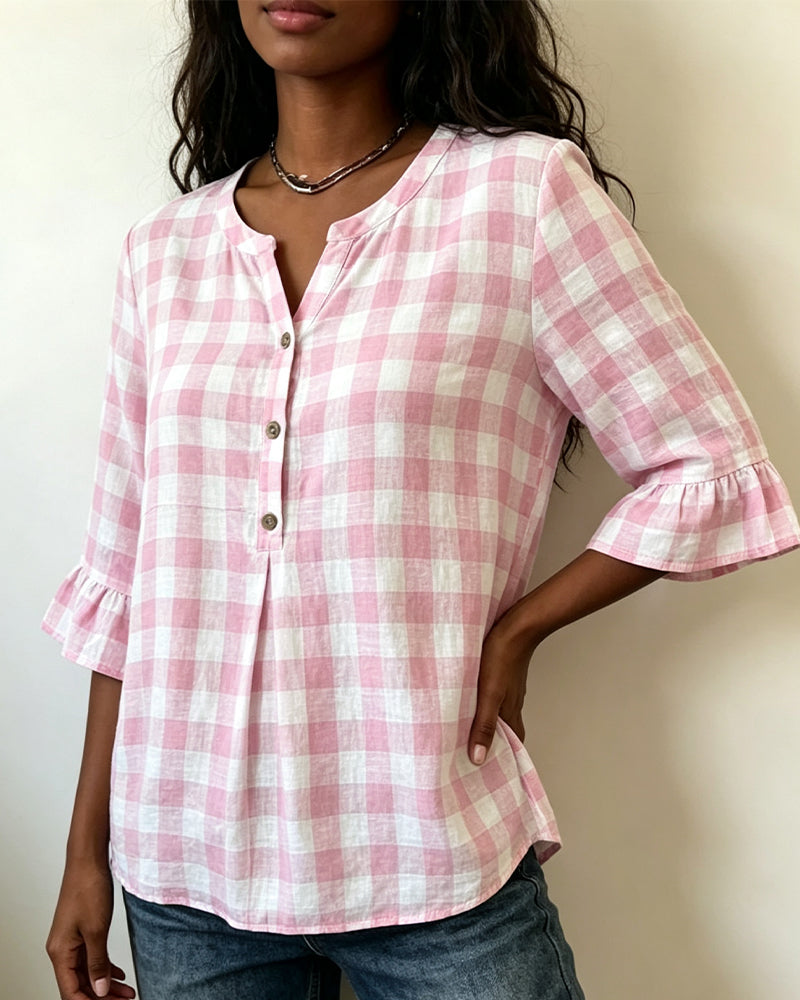 Blus V-Hals Knapp Fram Rutig Ruffle