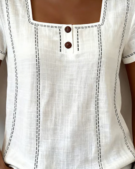Blus Liten Fyrkantig Hals Solid Knapp