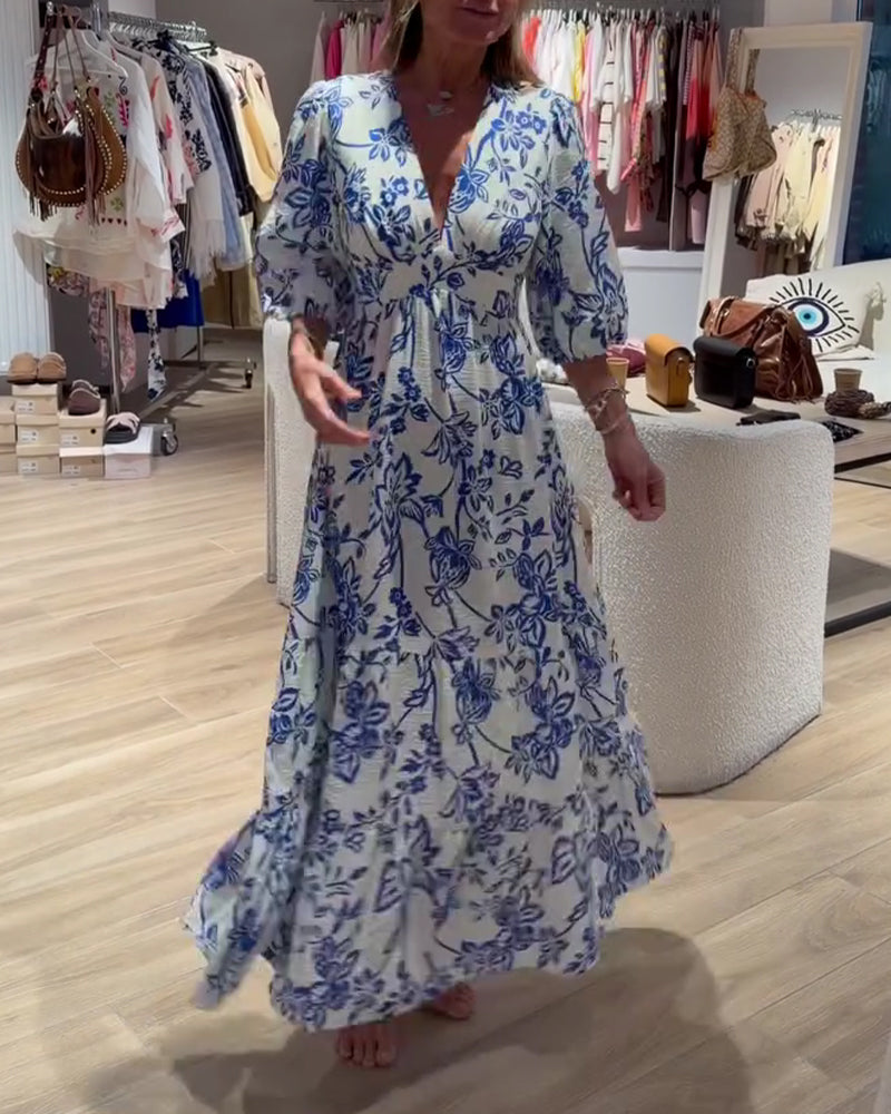 Klänning Djup V-Hals Elegant Blommig Lång