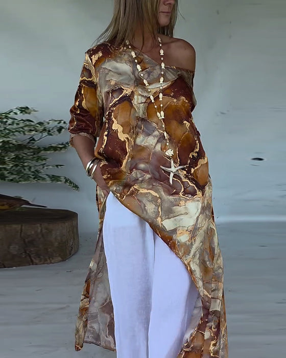 Blus Trendig Slits Tryckt