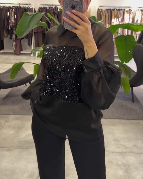 Blus Enfärgad Puffärm Krage