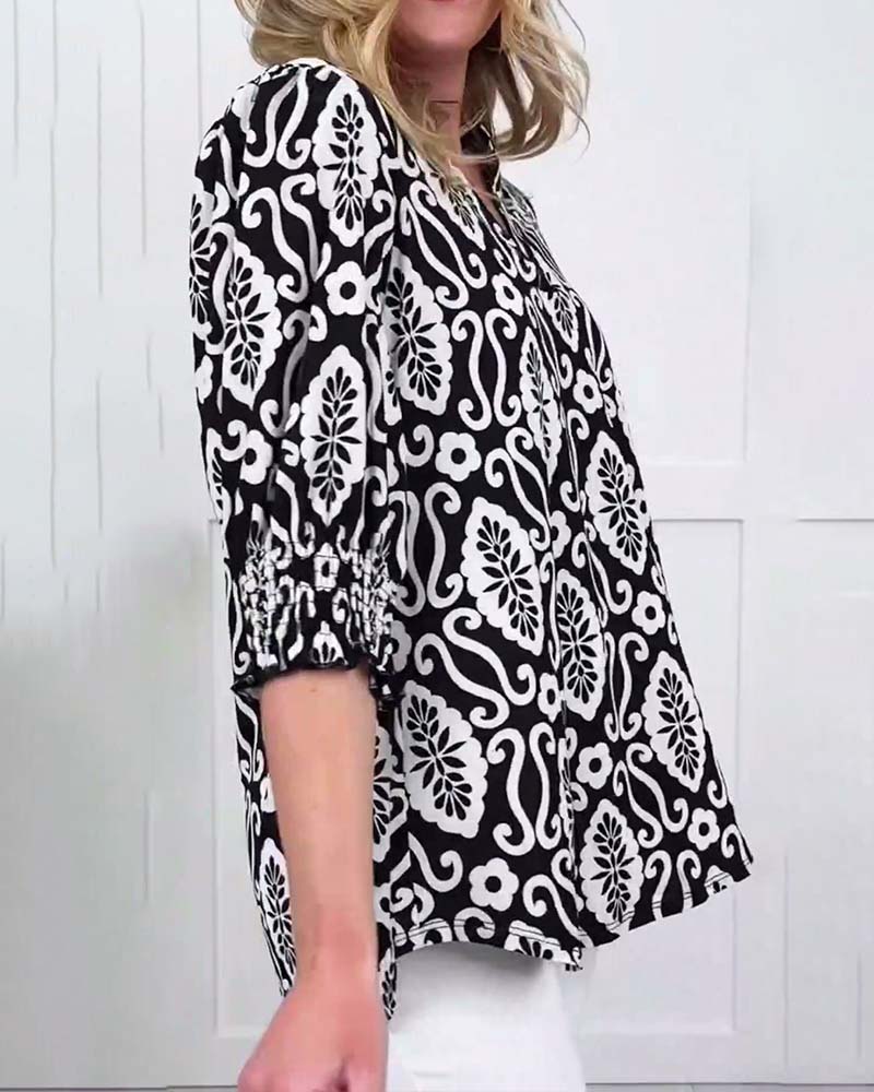 Blus V-Hals Blommig Kort Ärm