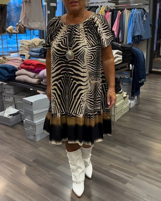 Klänning Lös Rund Hals Kort Ärm Tryckt