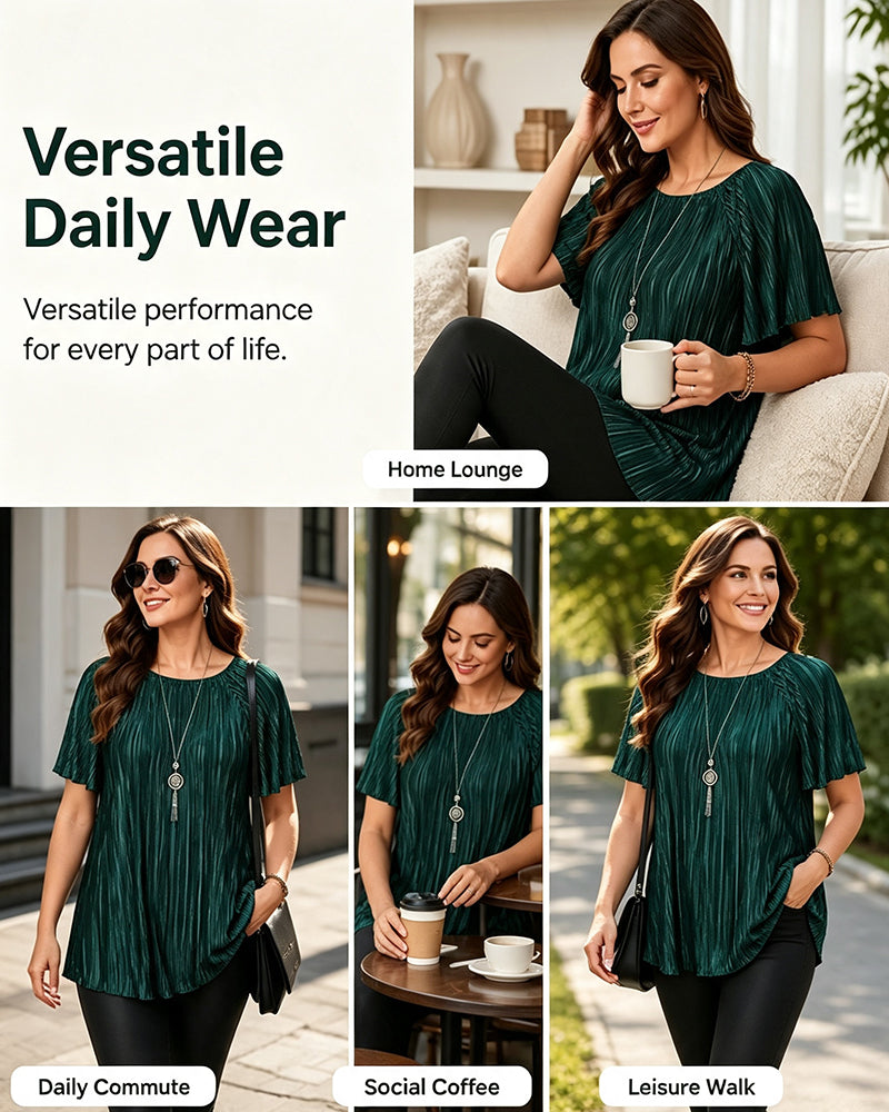 T-Shirt Plus Size Solid Veckad Kort Ärm