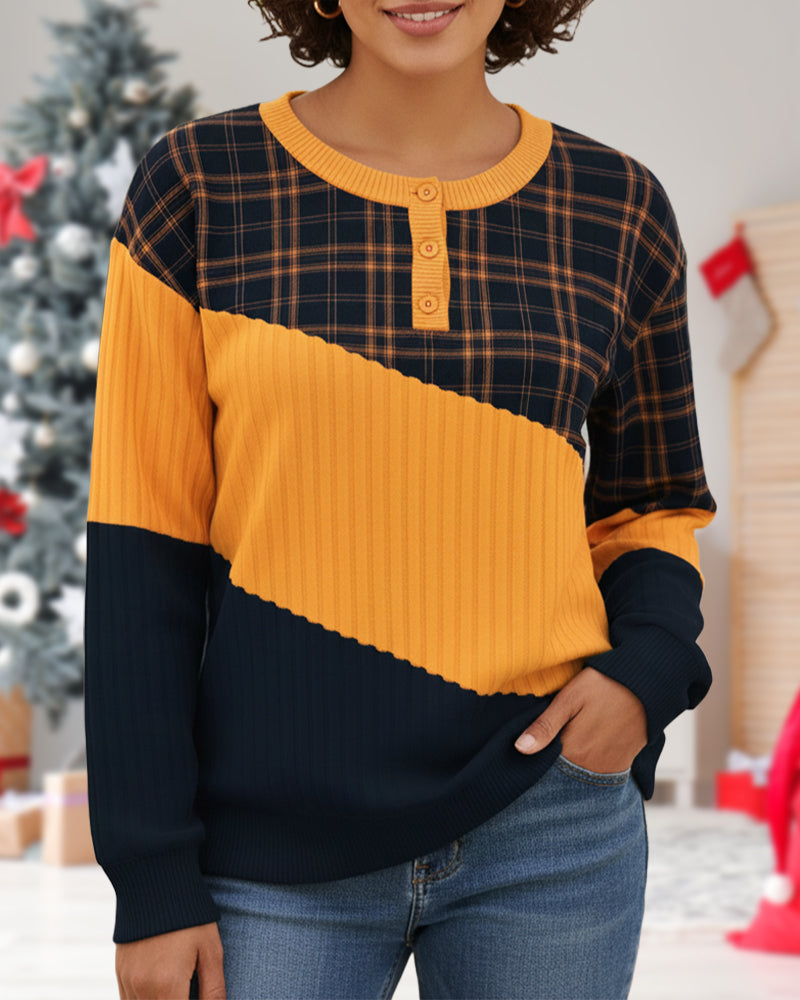 Hoodie Med Rundhals Design, Rutsmönster, Färgblock Detalj Och Långärmad Stil